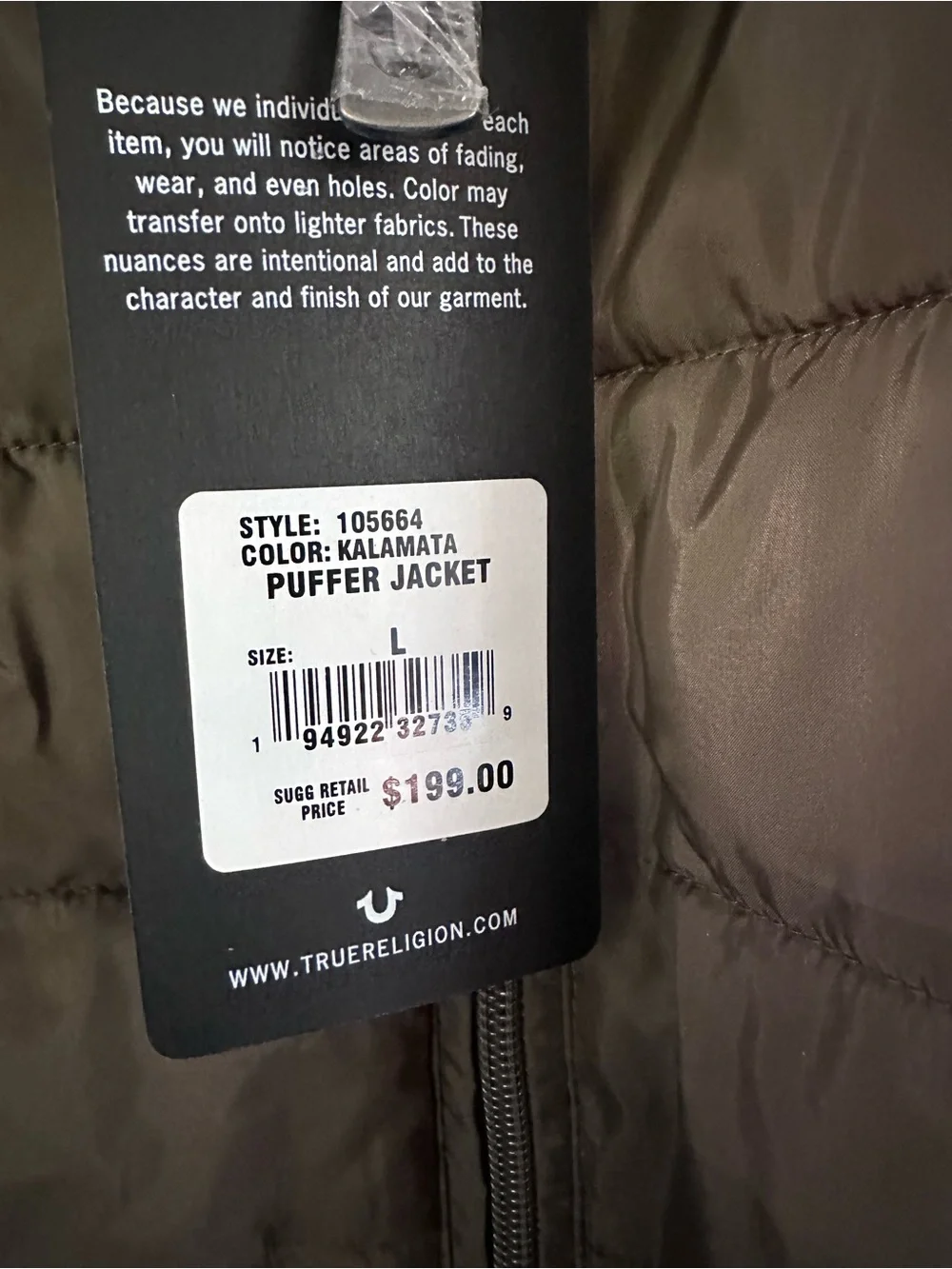 New True Religion Olive Kalamata Logo Puffer Jacket Coat Mens Large $199 105664